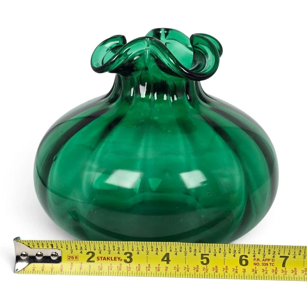 Vintage 1940s Beacon Glass Emerald Green Onion Vase Ruffled Rim Hand Blown